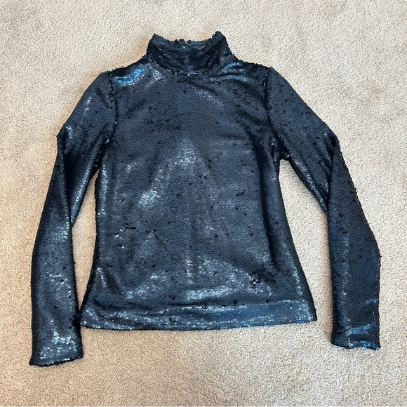 SIMONS Icone Matte blue Sequin high neck long sleeve top Sz S - Picture 6 of 13